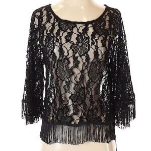 Millau by Anthropologie Black See Through Sheer Floral Lace Festival Fringe Top
